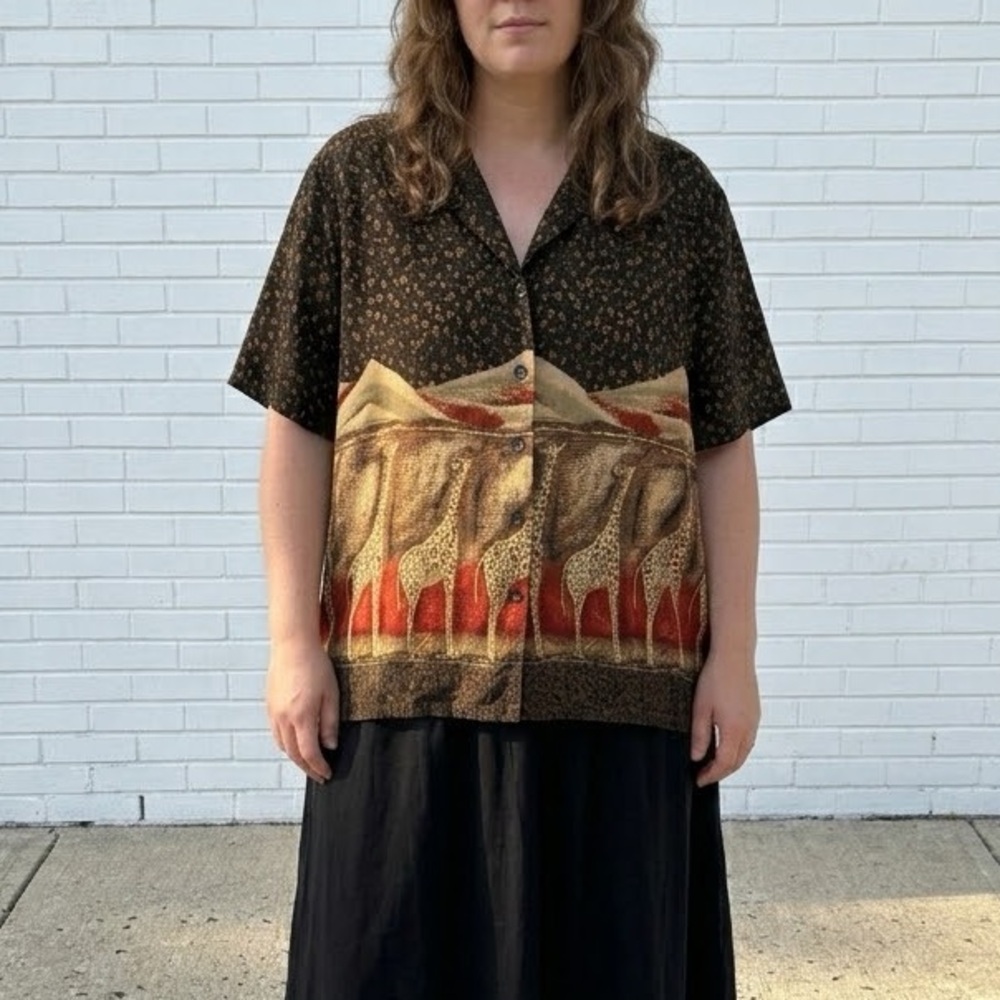 Vintage 90s Giraffe Safari Print Button Up Shirt Womens Africa Eclectic artsy XL